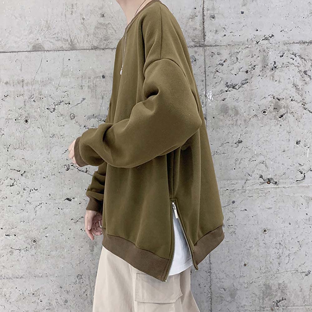 2 Oversized Side Slit Pullover Sweatshirt with Side Drop Loose Fit Loungewear T20 [Make Be] Men's Zip, Shoulder, (41.Green_S)