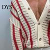 Loose Fit Men Shirt Fall Spring Cardigan Knitted Hollow Out Turn-down Collar Striped Single-breasted Long Sleeves Color Matching Slicing Patchwork