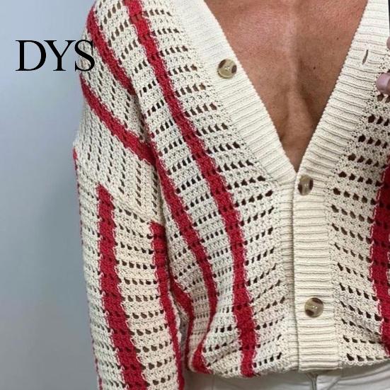 Loose Fit Men Shirt Fall Spring Cardigan Knitted Hollow Out Turn-down Collar Striped Single-breasted Long Sleeves Color Matching Slicing Patchwork