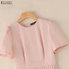 ZANZEA Women Casual Round Neck Short Sleeve Elegant Pleated Dress