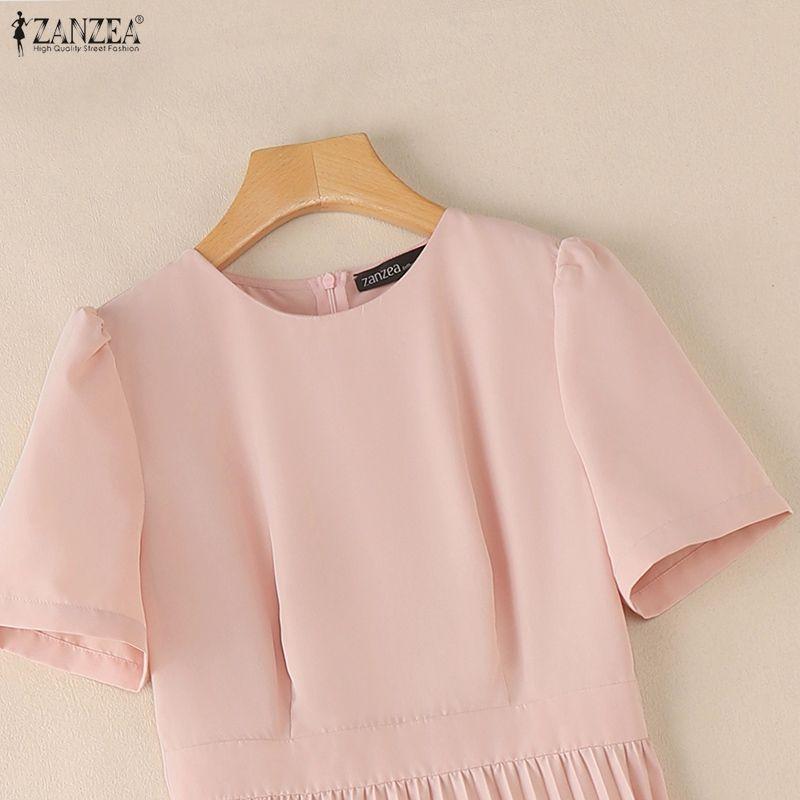 ZANZEA Women Casual Round Neck Short Sleeve Elegant Pleated Dress