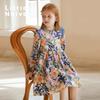 Little Naive Girls' Bubble Long Sleeve Ruffle Trim Floral Dress
