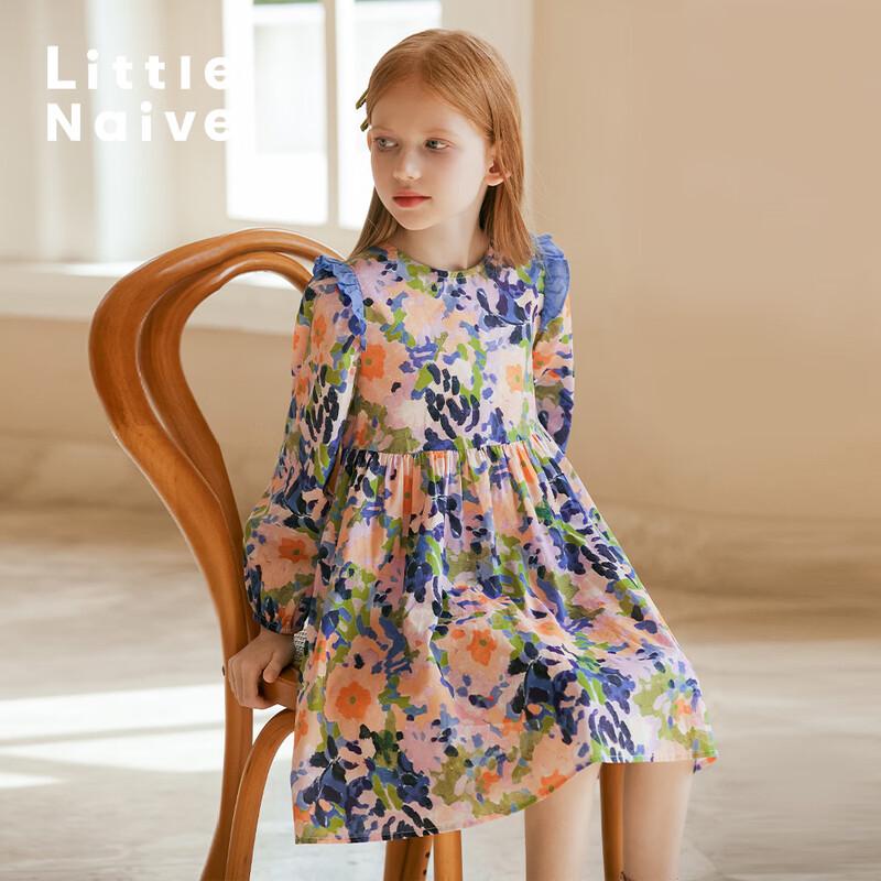 Little Naive Girls' Bubble Long Sleeve Ruffle Trim Floral Dress