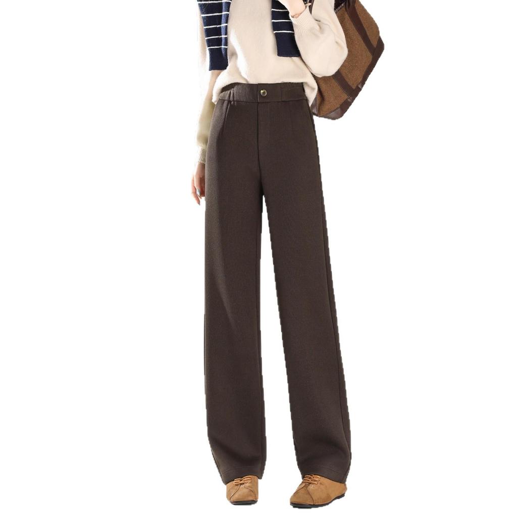 Dámské kávově hnědé pruhované tvídové kalhoty s vysokým pasem, fleecovou podšívkou a rovnými nohavicemi pro volný čas