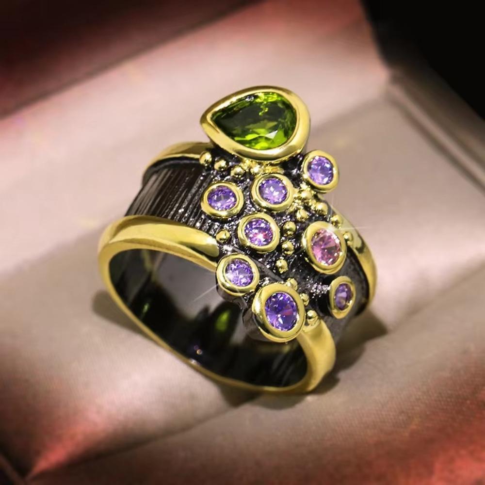 High-quality Black Ring with Green Zircon-hip-hop Style-non-fading-holiday Gift