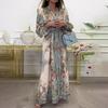 2026 Spring European & American Women's Printed Lantern Sleeve Tassel Dress with Waist Cinching and Lace-up Detail