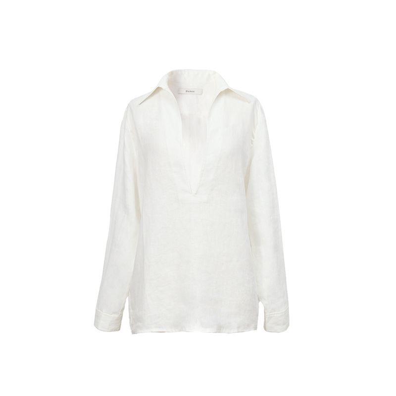 Blacknini "Little Time" V-neck Shirt Tops Linen 190gsm Plain Comfortable Dark White