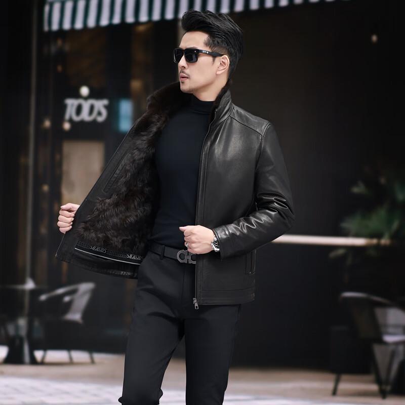 KAISER Men's Goatskin Leather Jacket with Mink Fur Collar