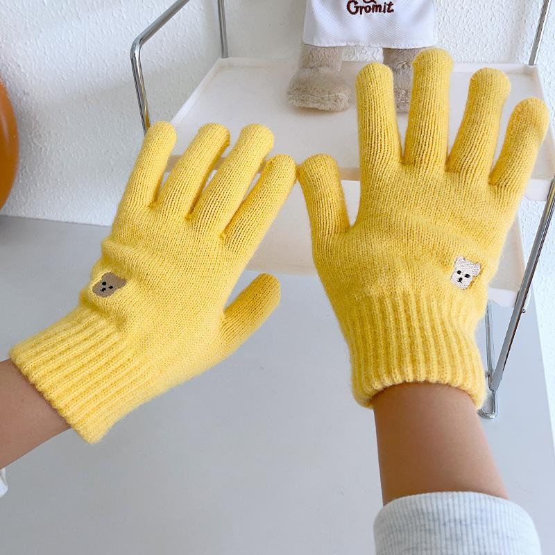Bear knitted wool gloves winter warm touch screen cute solid color embroidery split finger opening leak finger tide