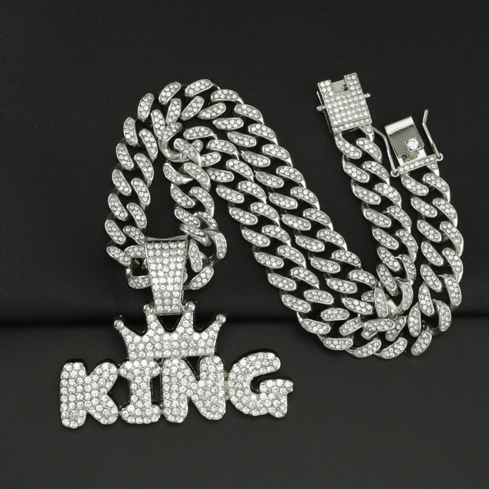 Hip Hop Crown with KING Letter Pendant Necklace For Men Crystal Cuban Chain Iced Out Bling Hiphop Necklaces Rock Biker Jewelry