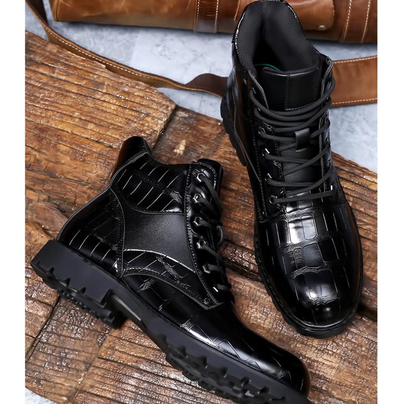 Men Shiny Mid-cut Boots Autumn Lace-up Crocodile Leather Men's Shoe Thick-soled Non-slip Motorcycle Ankle Boots Large Size 38-48