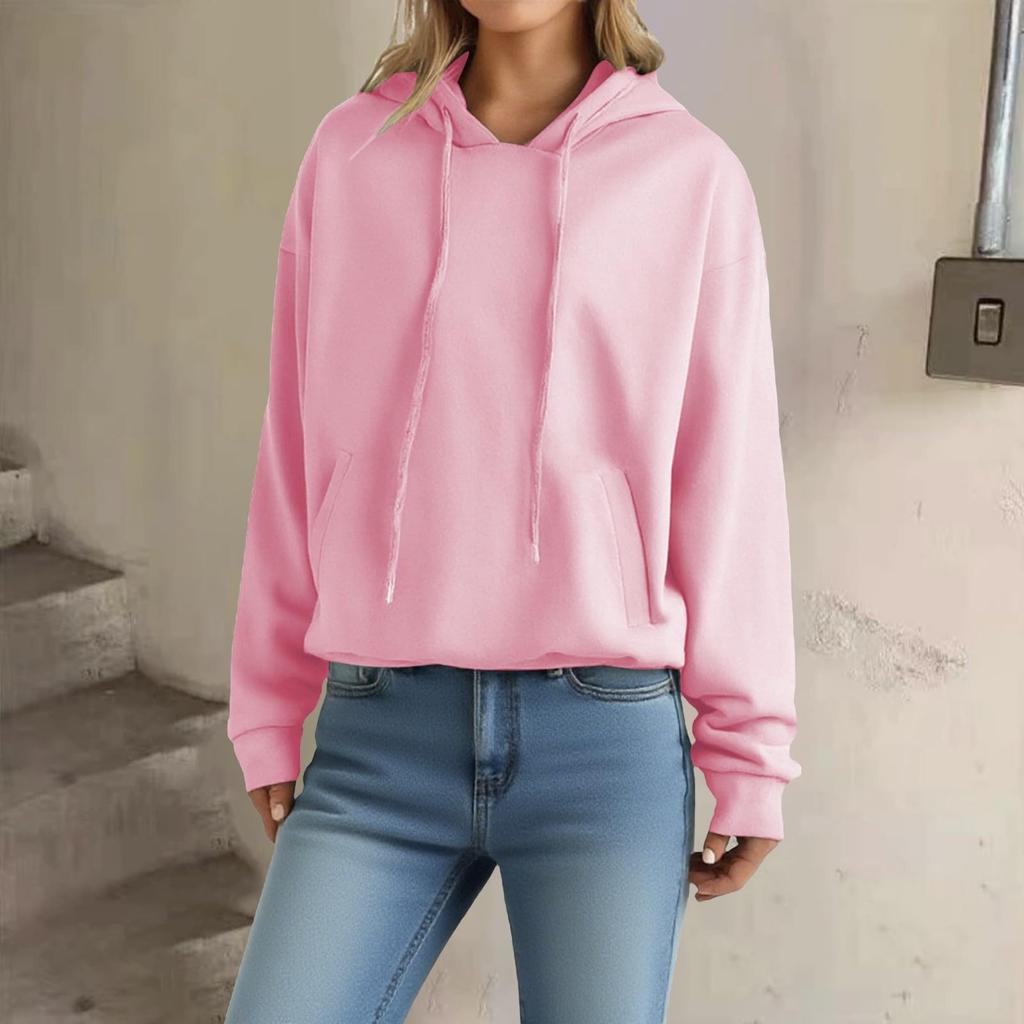 Women's Loose Long Sleeved Pullover With Drawstring And Pocket Hooded Solid Color Hoodie