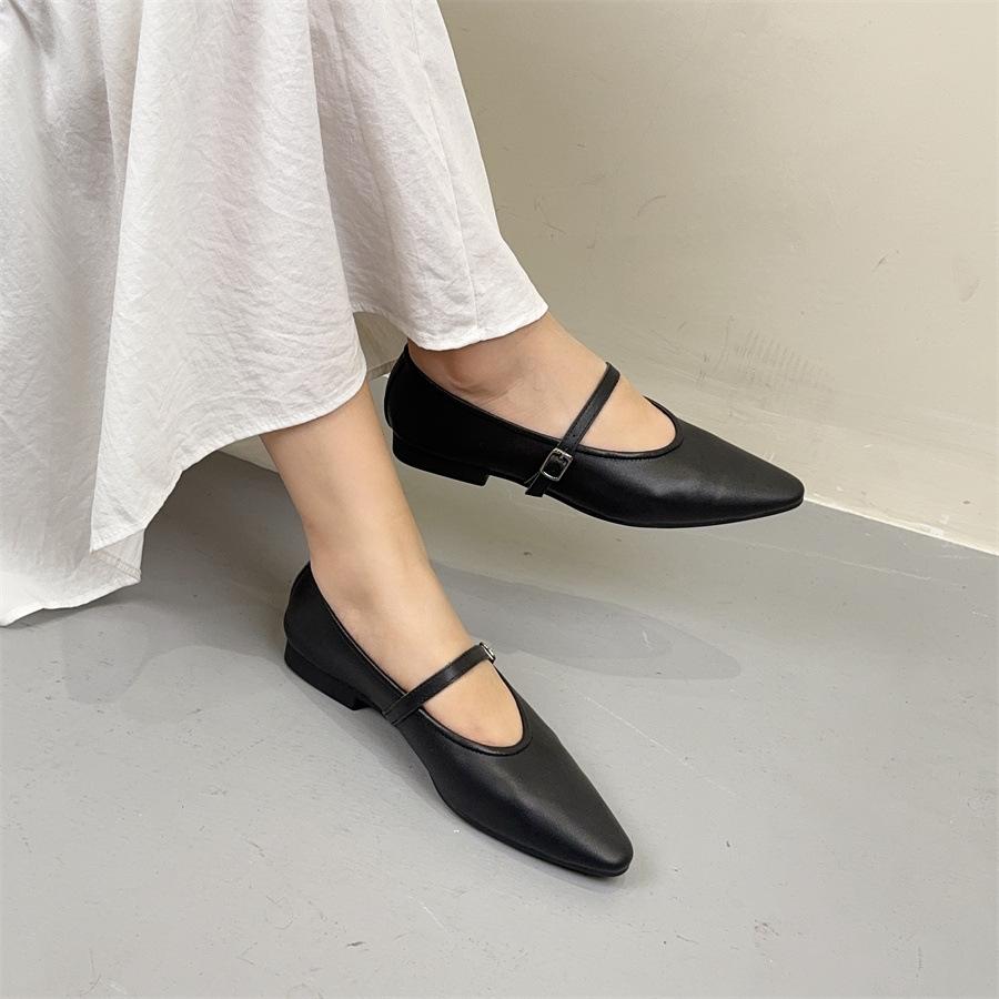 Johnature Oryginalne skórzane płytkie, spiczaste, płaskie buty retro, uniwersalne, miękkie, ze skóry bydlęcej, damskie