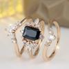 Elegant Square Black Zircon Ring Set for Women Luxury Gold Color Three-piece Commitment Ring Jewelry Accessories