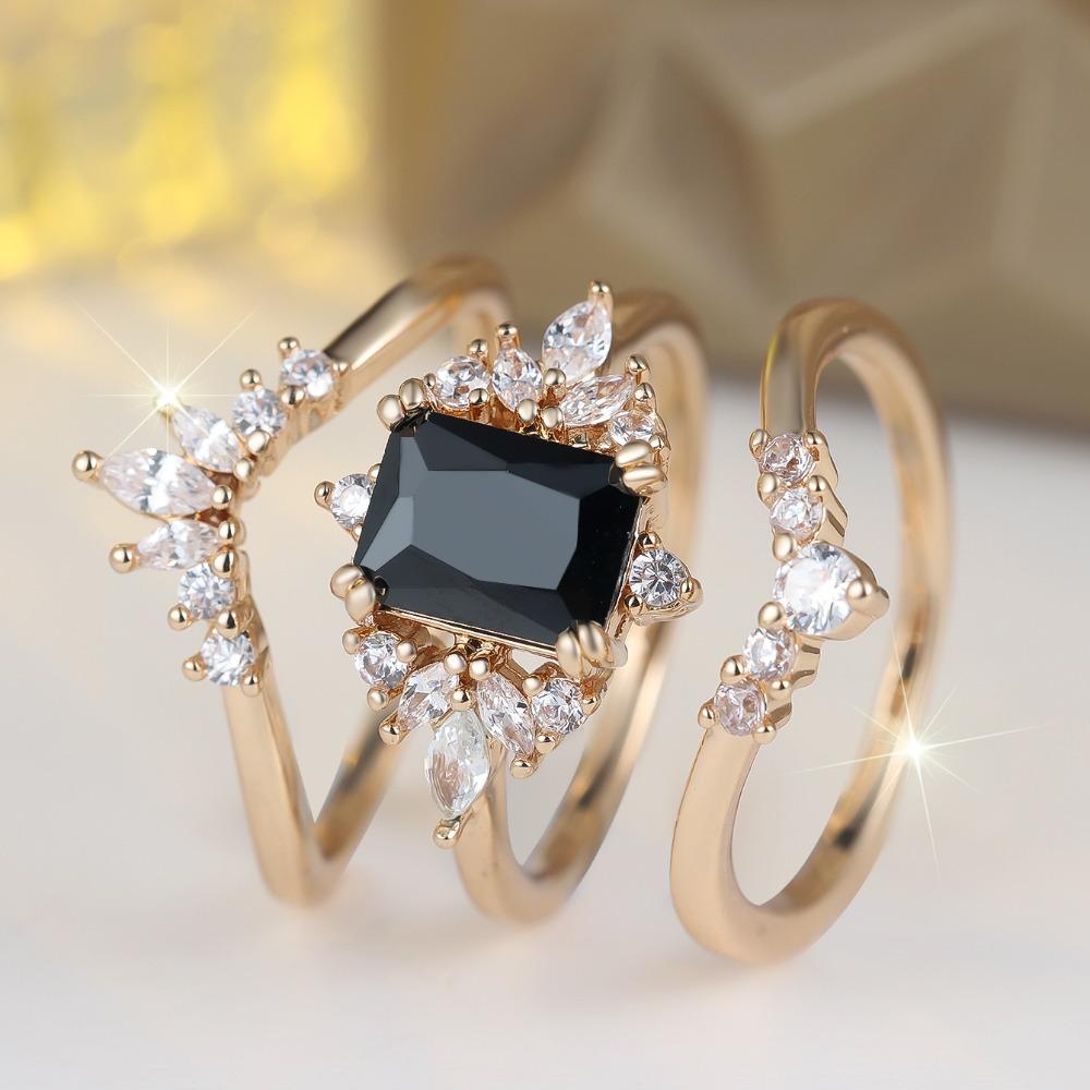 Elegant Square Black Zircon Ring Set for Women Luxury Gold Color Three-piece Commitment Ring Jewelry Accessories