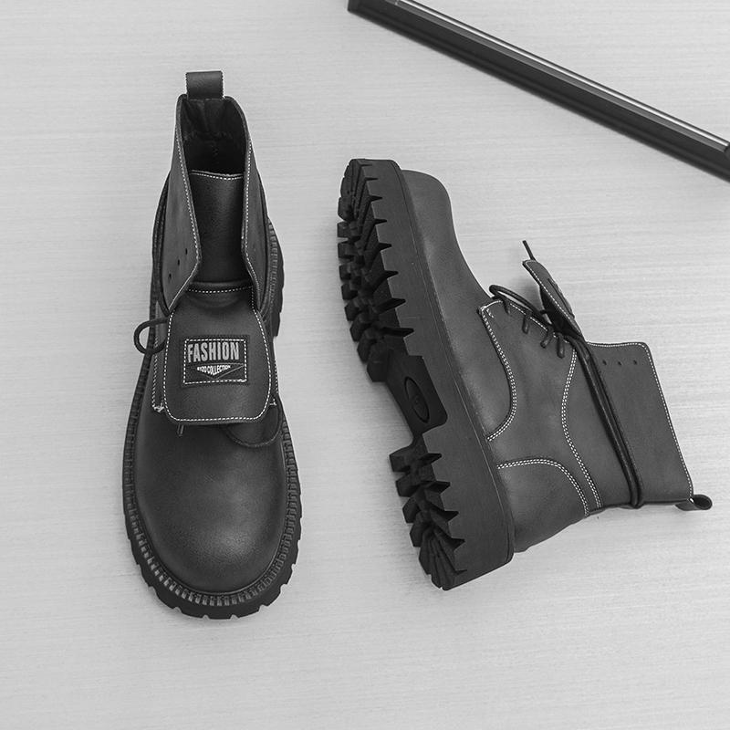 Męskie buty retro na grubej platformie, buty motocyklowe z dużą główką, wysokie buty, plus size