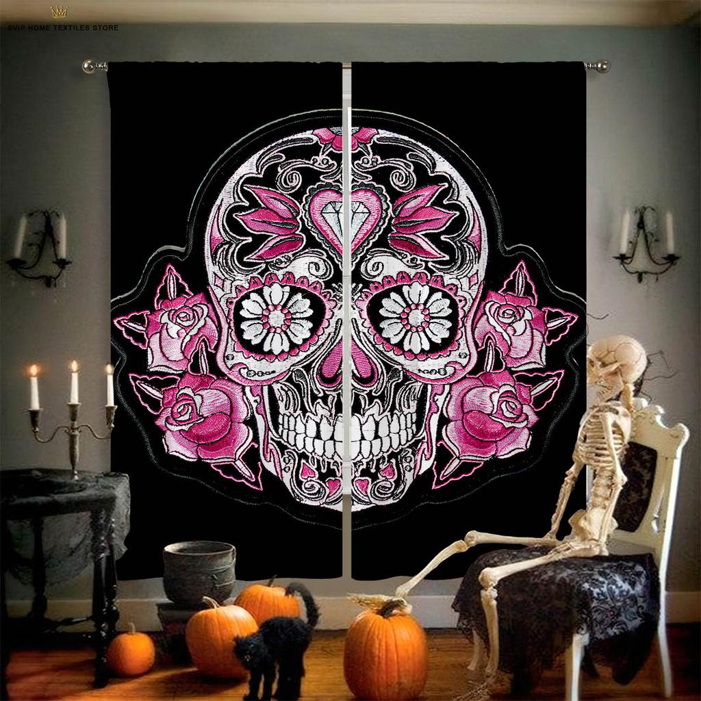 Creative Skull Flower 3D Printing Curtain, Bedroom, Living Room, Restaurant, Halloween Party Decoration, 2 Pieces