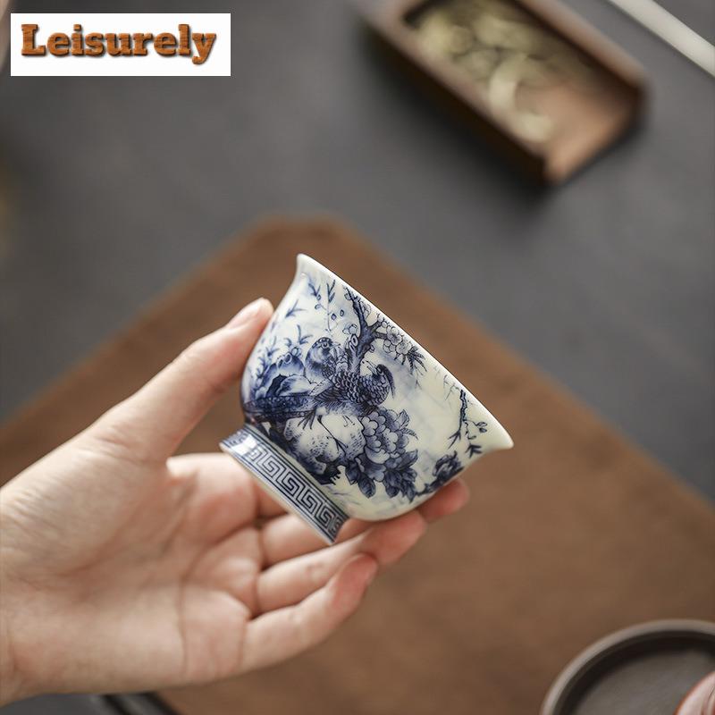 90ml ceașcă de ceai antică albastră și albă, floare de cerneală și pasăre, meditație, ceașcă principală de degustare, ceașcă de ceai personală, bol de ceai Kung Fu, set de ceai