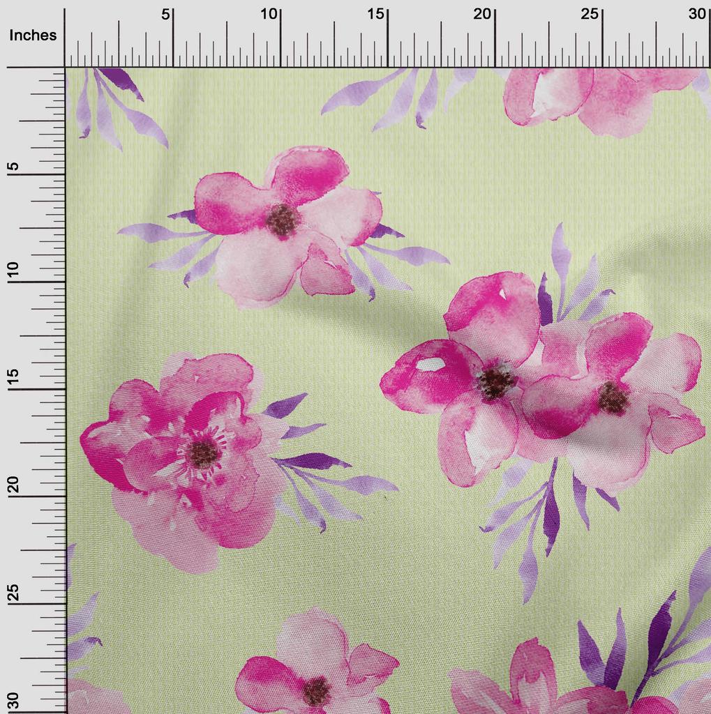 oneOone Bawełna Elastyczna Tkanina Akwarelowe Liście i Kwiaty Kwiatowy Nadruk Metraż 40 Cali