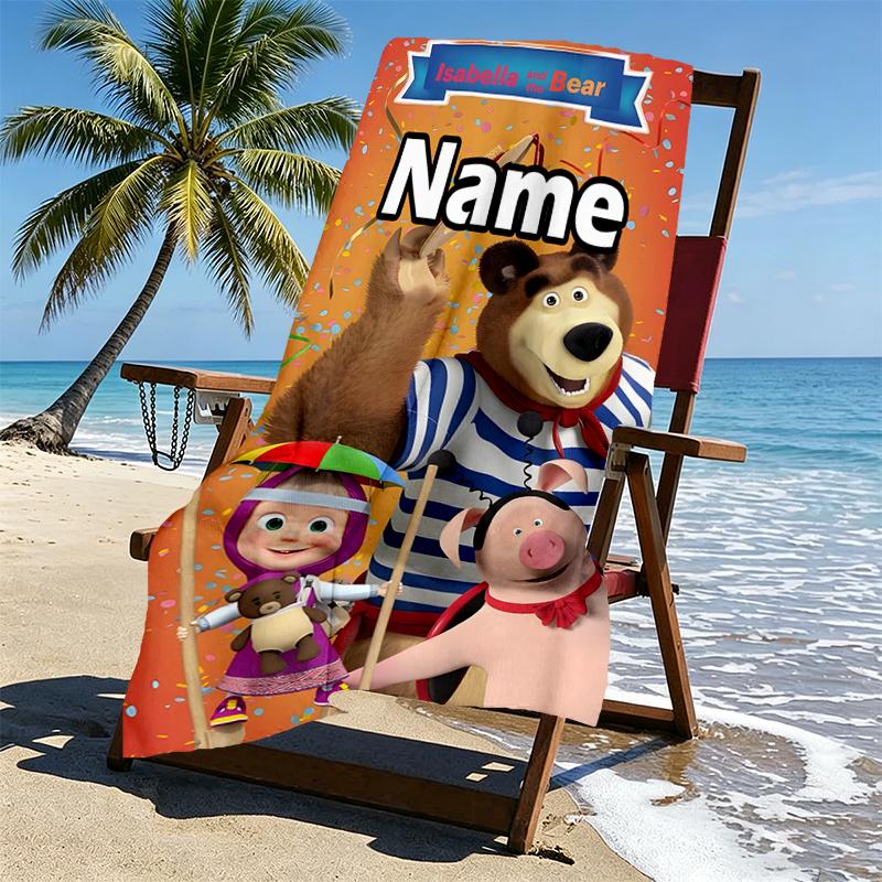 Asciugamano da Spiaggia Personalizzato con Nome Masha e Orso, per Viaggio Campeggio Festa in Spiaggia Decorazione Casa, Regalo di Compleanno per Famiglia e Amici
