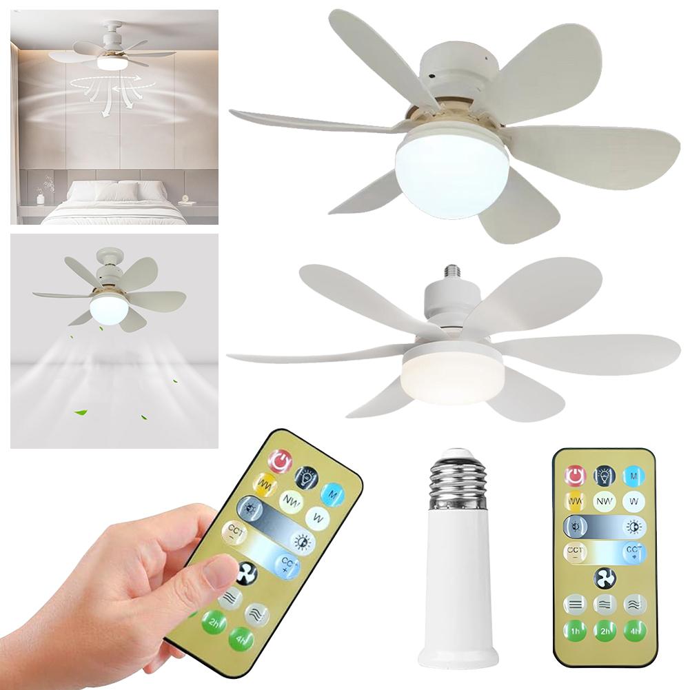E26/27 Socket Fan LED Light Light Bulb Fan with Remote 40W/30W Warm Light Ceiling Fan 3 Speeds Timing for Garage Kitchen Bedroom