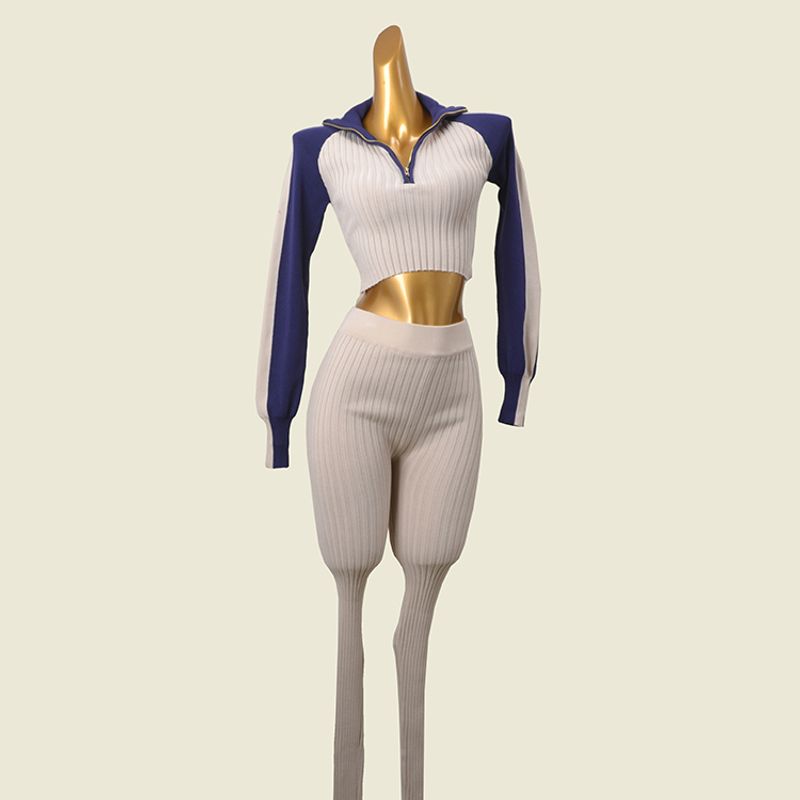 

American vintage Lapel High Elastic Sunken Stripe Short Knitted Top + Slim fit Thread Trousers Fashion Cards Two-piece Set Blue L