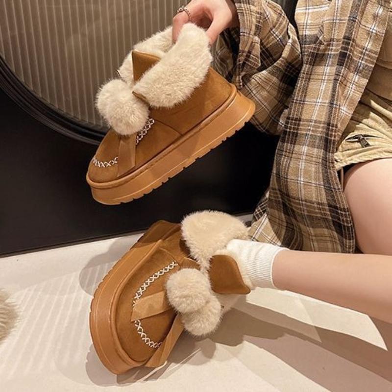 Fashion Cute Bow Snow Boots for Women Plush Round Toe Chunky Woman Shoes Non Slip Warm Footwear Trend 2025 Padded New in Winter Booties