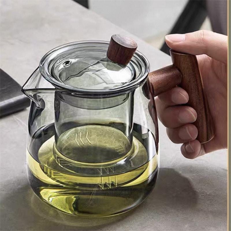 480ML Heat Resistant Glass Teapot With Wood Handle Infuser Heated Container Tea Pot Flower Tea Kettle Tea Maker