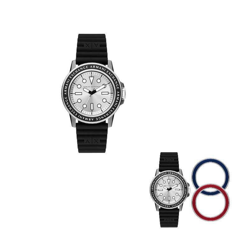 

ARMANI EXCHANGE Wrist Watch Quartz Movement Silicone Strap 42mm Silver Dial Men s Watches Masterpiece Gift Box AX7136SET Black Strap