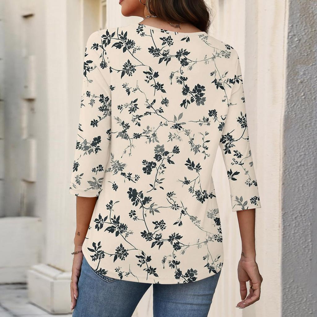 3/4 Length Sleeve Womens Tops V Neck Shirt  Casual Blouse Basic Tshirts