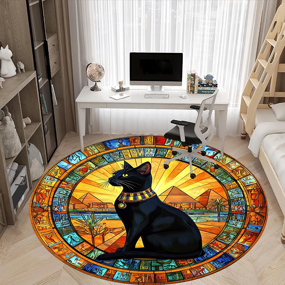 1 Stück Ägyptische Katze Büro Runder Teppich, Indoor-Matte Geeignet für Büro, Unter Bürostühlen Schlafzimmer Wohnzimmer Heimdekoration, Raumdeko