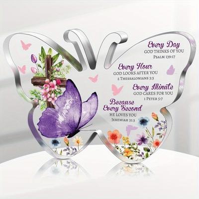2D Flat Religious Gift Acrylic Butterfly-shaped Desktop Decoration Plaque, Home Decor Plaque Hanging Wall Art Decorative Garden Decoration for Room Do