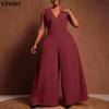 Summer Women Sleeveless V Neck Casual Long Wide Legs Jumpsuits Overalls