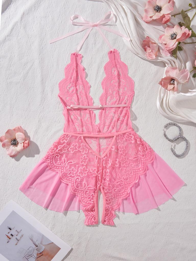 New Sexy Crotchless Pink Lingerie Women Set Lace Patchwork Hollow Bodysuit Erotic Pajamas Teddy Babydoll Dress Deep V Open Bra