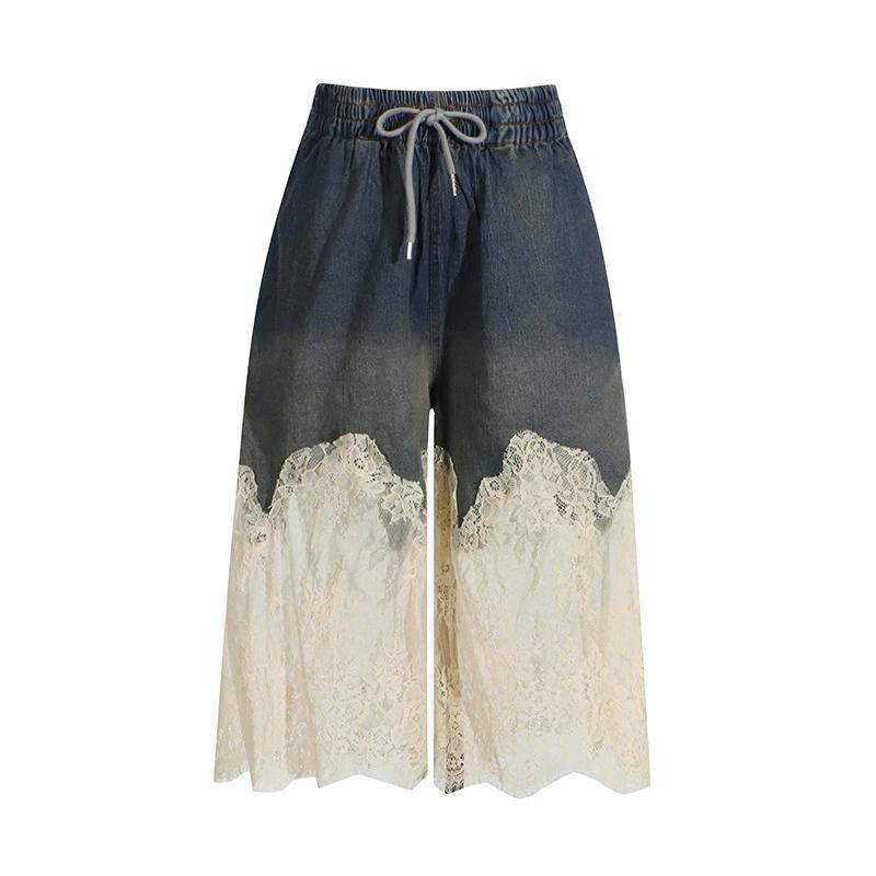 Fashionable and Sexy Spicy Girl Style Lace Patchwork Camisole Top+drawstring Denim Fashionable Shorts for Women s Summer XS