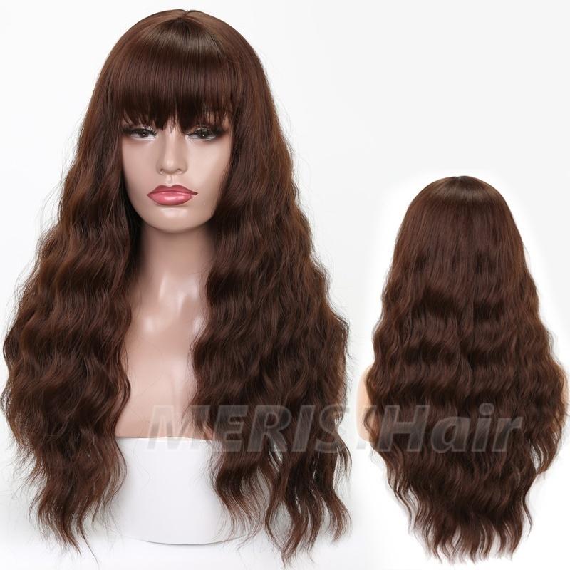LISI HAIR Damemote langt bølget hår parykk med smell Svart Brun Blond syntetisk fiber parykk med smell Fest Daglig slitasje
