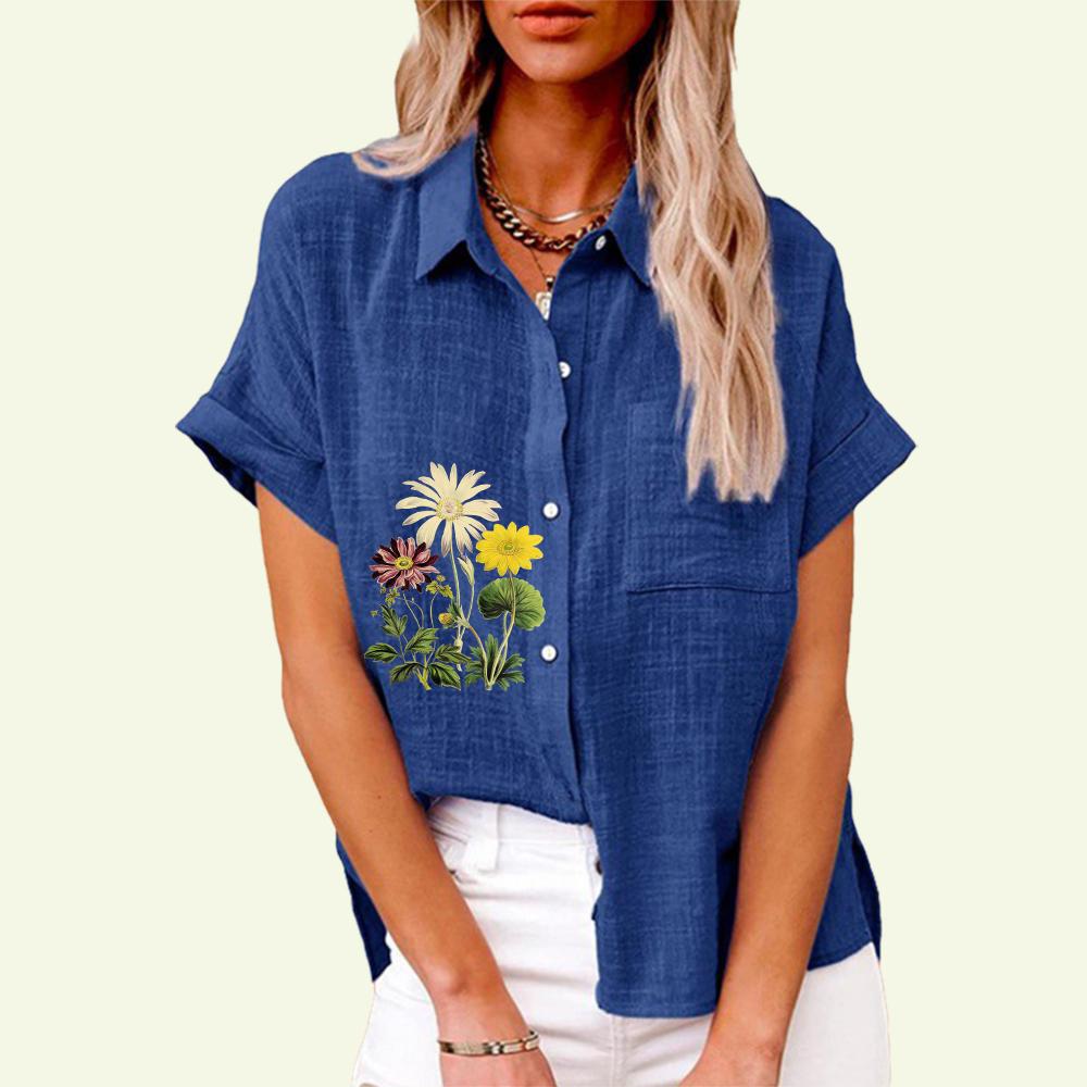 Fashion Lapel Collar Shirt for Women Summer&fall Floral Print Top with Pocket Loose Short Sleeve T-shirt Ladies Casual Linen Blouses