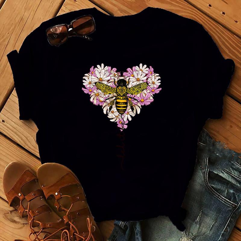 Cotton Tee Cotton 100% Women's Christmas Animal Flower Short Sleeve Bee Flower Print Oversized T Shirt Graphic Tshirts Tops Harajuku