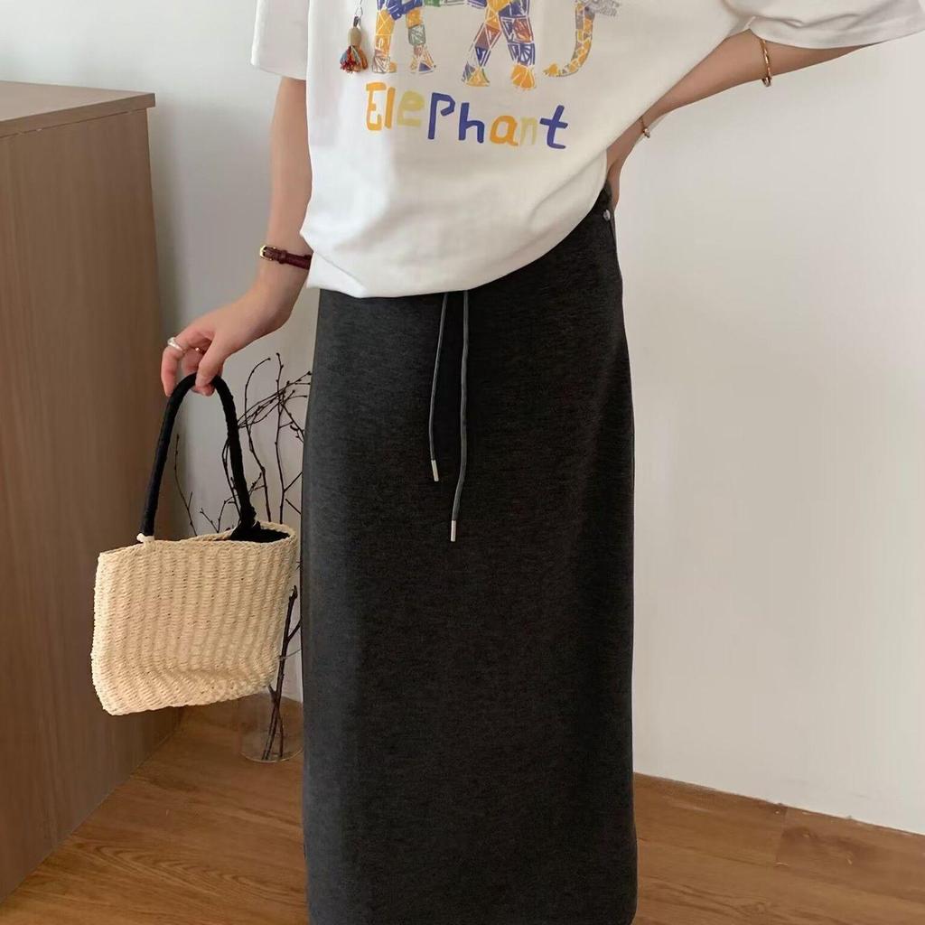 Fustă Midi din Bumbac cu Talie Elastică Înaltă, cu Șnur, Drapată și cu Șliț A-Line