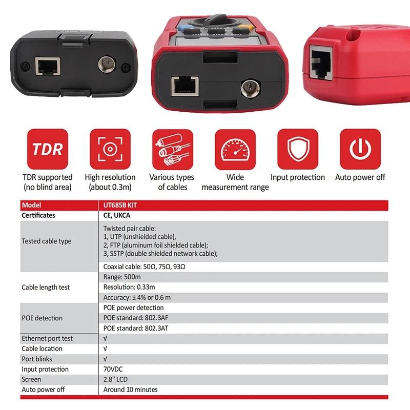  UT685B Kit TDR Cable Tester Pair Coaxial POE Network Cable Length Sequence Detector RJ11 RJ45 Plug Adapter Digital Meter