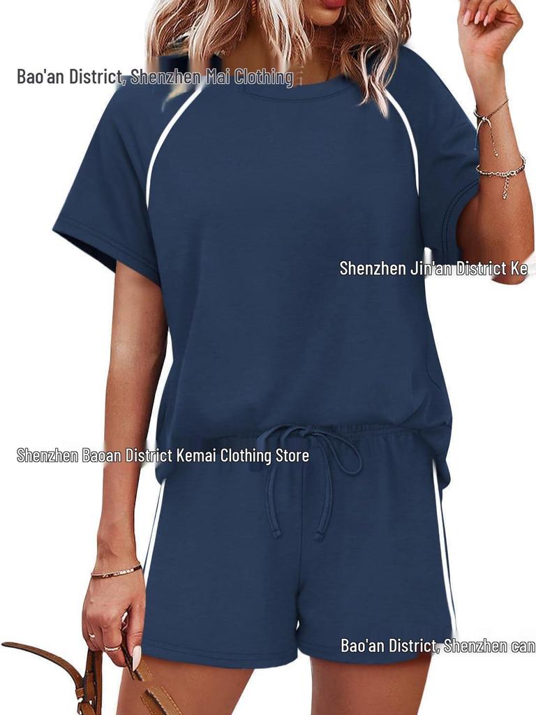 2026 Spring/Summer Women's Stretch Sport Casual Two-Piece Set - Round Neck Short Sleeve Top & Shorts