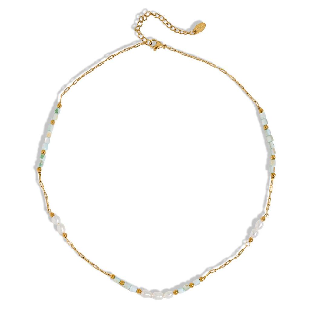 Cross Exclusive Natural Freshwater Pearl and Colored Stone Clavicle Necklace, 18K Titanium Steel, Women's Waterproof Ins Style Niche.