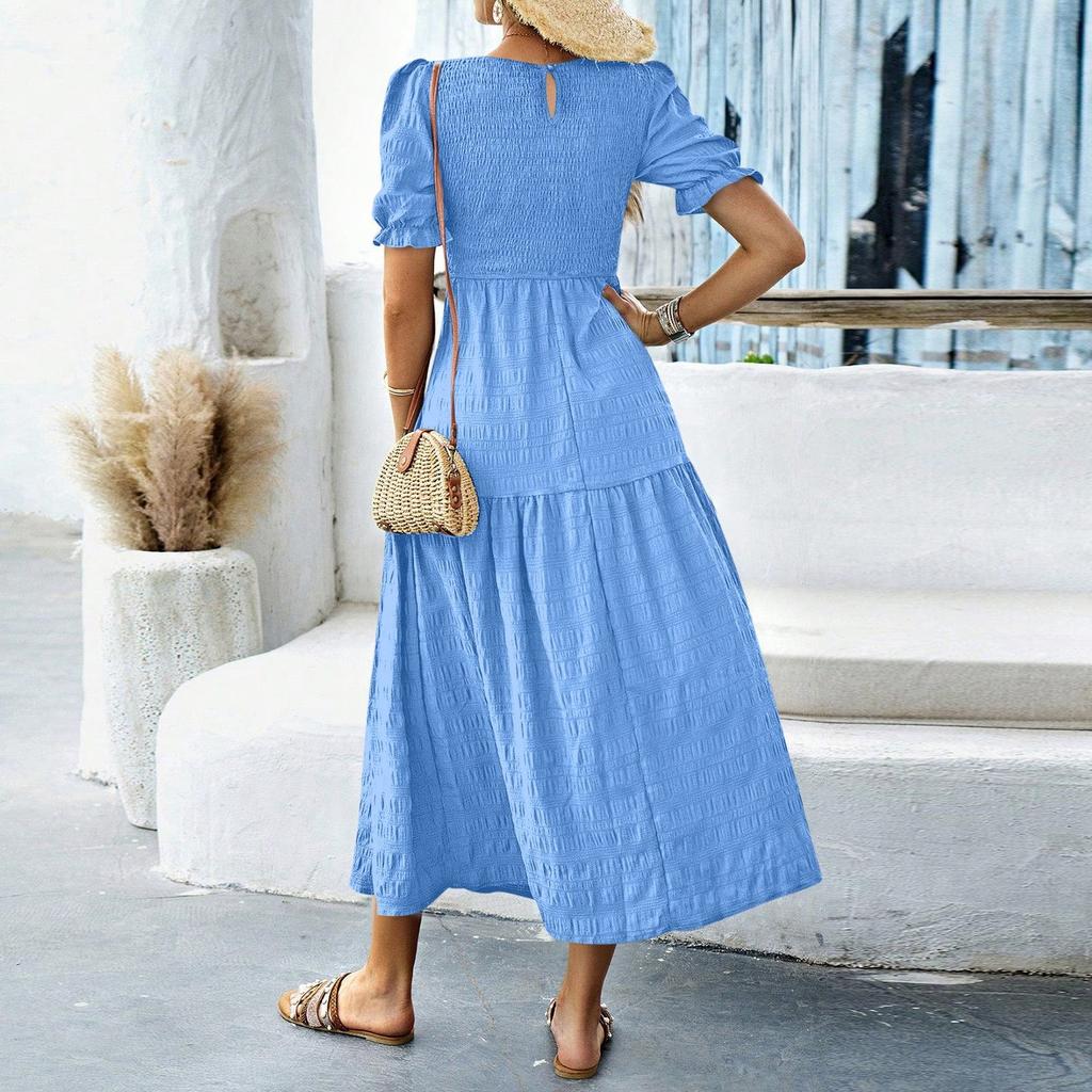 Dámské módní letní ležérní šaty s krátkým rukávem a kulatým výstřihem na dovolenou