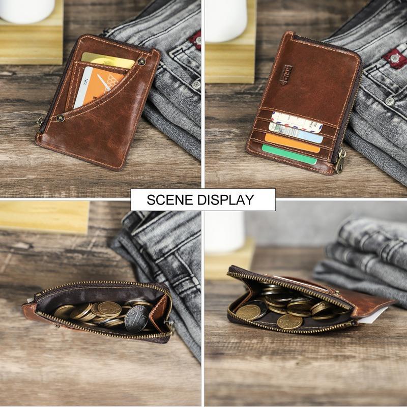 Full Grain Vintage Leather Card Holder RFID Blocking Slim Zipper Coin Pocket