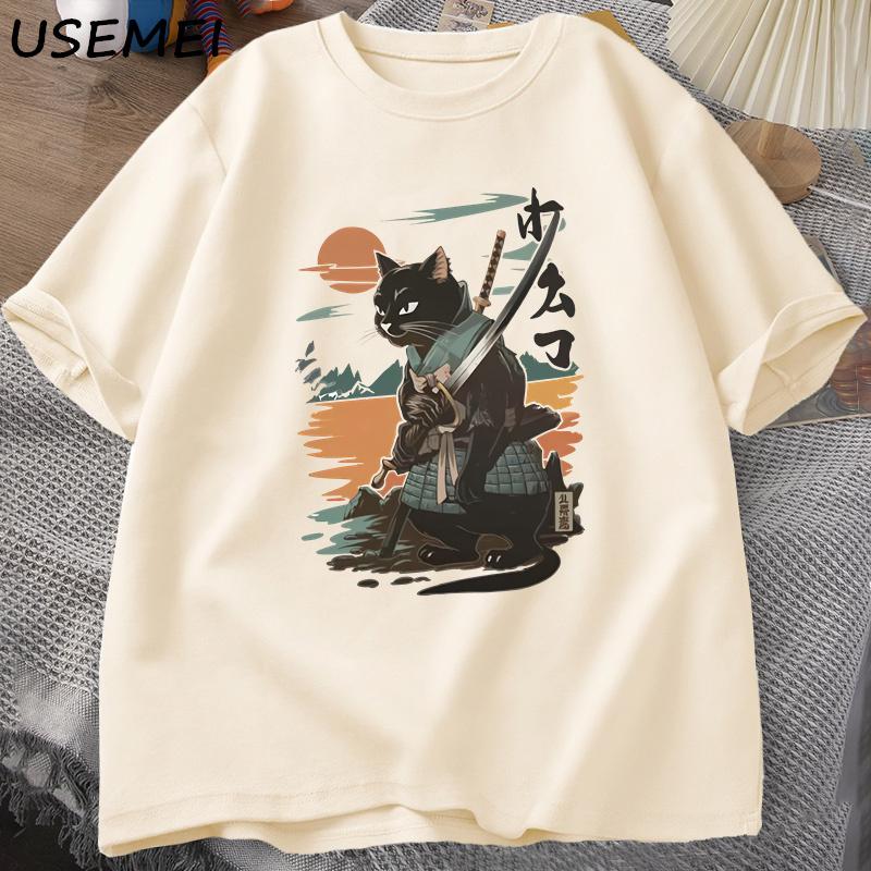 Samurai Cat TShirt Japanese Style Cat Designer Vintage Tshirt Casual Unisex Graphic T Shirts Cotton Short Sleeve Tee Streetwear