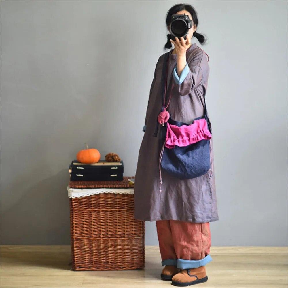 Johnature Two-color Drawstring Buckle Large Literary Handmade Embroidery Thread Cross-shoulder Casual Hand-made Women Buckets