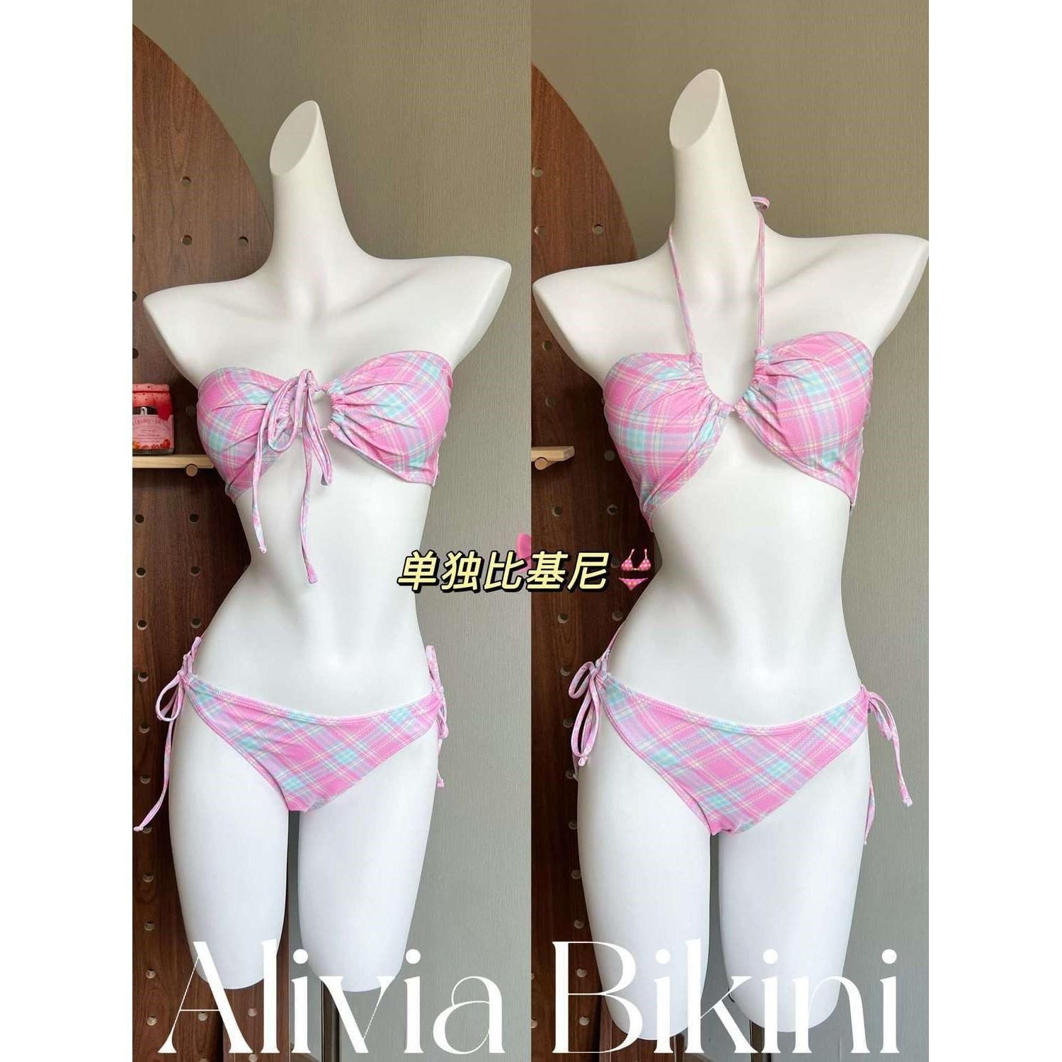 

Cute plaid contrasting pool photo hot spring swimsuit split pure desire sexy striped bikini swimsuit L