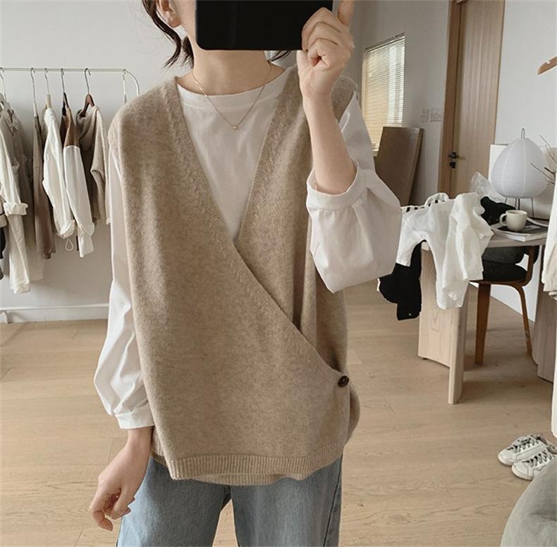 Ακανόνιστο πλεκτό πουκάμισο Tank Top Γυναικείο Φθινοπωρινό νέο φαρδύ αμάνικο φανελάκι με λαιμόκοψη V