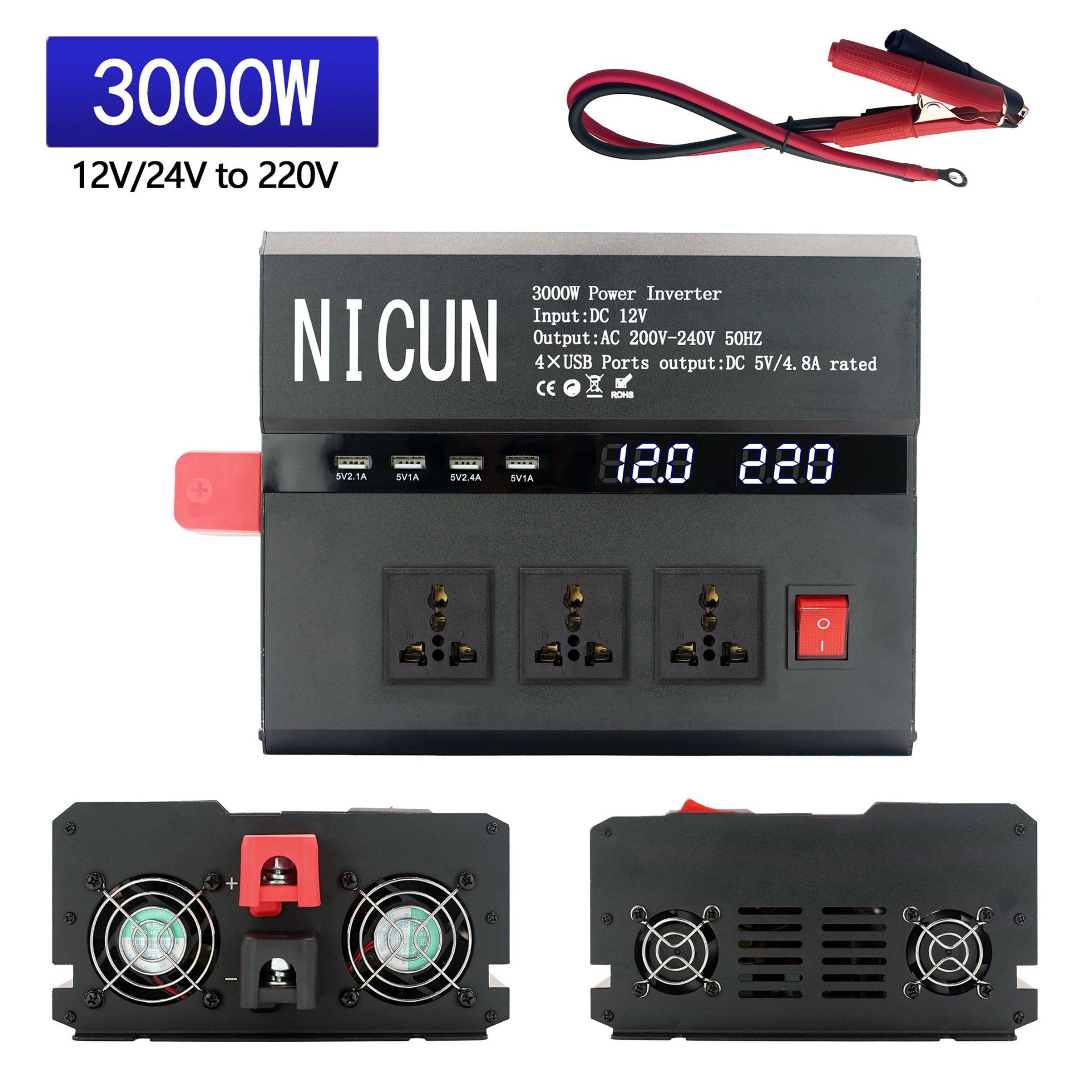 

Автомобильный солнечный инвертор 3000W4000W5000W 12V/24V Plug Даже цифровой дисплей Home Black 1500W/3000W