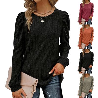 Mode Neue Damen Einfarbig Casual Strick Pullover Puff Langarm T-Shirt Tops